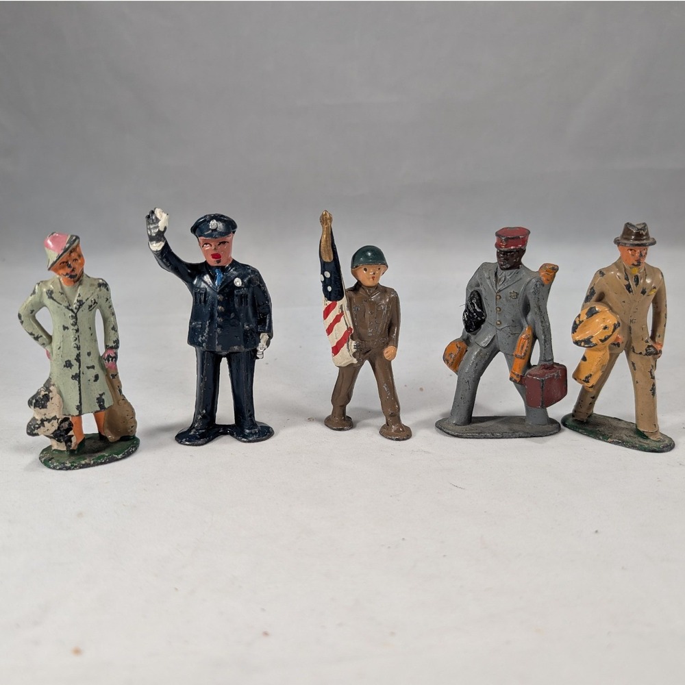 Vintage‎ Barclay Manoil Lead Slush Mold Figures Soldier Police Porter Lot of 5